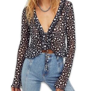 Free People Womens Marne Mesh Sheer Black White Star Cropped Wrap Top Sz M